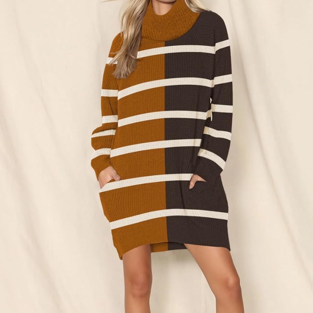 Women's Fall Oversized Sweater Dress Turtleneck Ribbed Knit Stripped Pockets